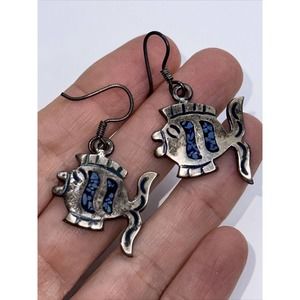 Sterling Silver Earrings Fish Blue Inlay Dangle Hook Mexico TC 130 925